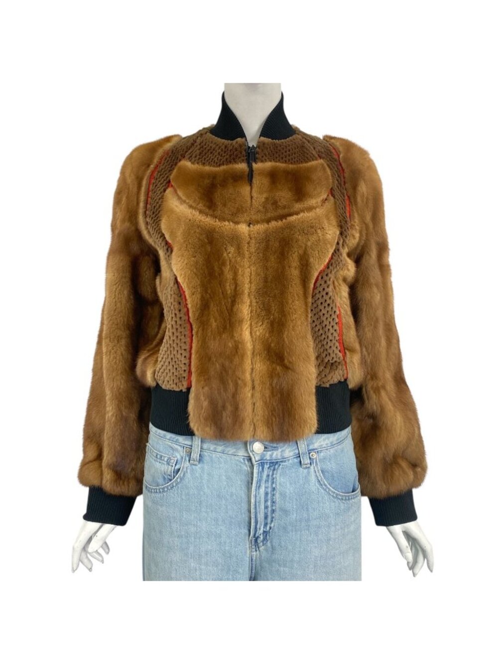 Fendi Jacket FF Logo Leathe Silk Fur Brown 38